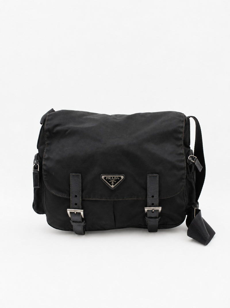 Prada Double Buckle Messenger Black Soft nylon